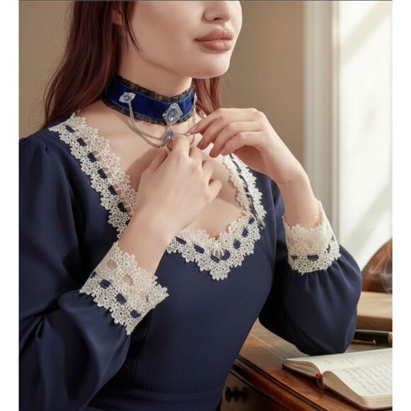 Widow ✦ Blue Velvet Victorian Choker ✦ Crystal Accents & Chain Details NWT - Picture 1 of 10